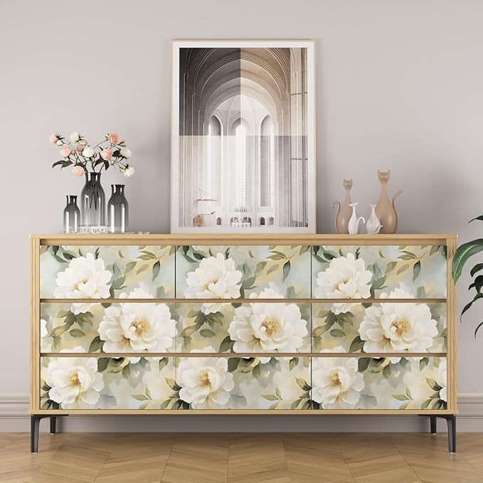White Floral Wallpaper Peel and Stick,Oil Painting Beige Peony Contact Paper 17.5" x 393",Modern Watercolor Flower Wall Paper Self Adhesive Waterproof Removable for Girl Bedroom Shelve Cabinet Drawer