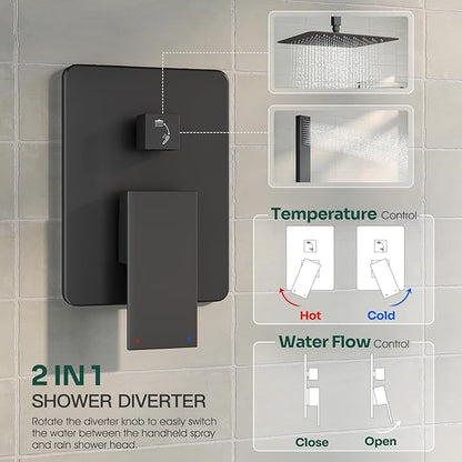 Ceiling Mount Shower Faucet Set, Black Shower System with 10-Inch Rain Showerhead and Handheld Spray Combo, High-Pressure Showerheads Set with Valve and Trim Kit, Matte Black
