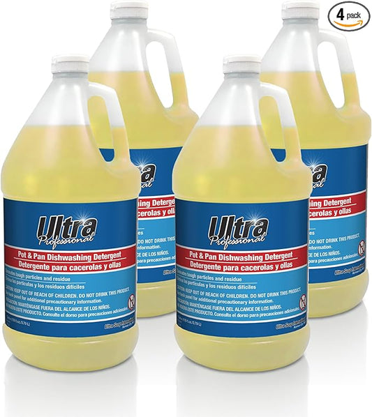 Ultra Professional ™ 4 Pack 1 Gallon Pots & Pan Dishwashing Detergent Dish Cleaning Liquid, Lemon Scent, Yellow - Powerful Grease Remover