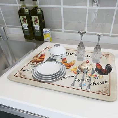 Farmhouse Rooster Dish Drying Mat - Vintage Chicken Absorbent Microfiber Dish Drying Pad for Kitchen Coffee Bar