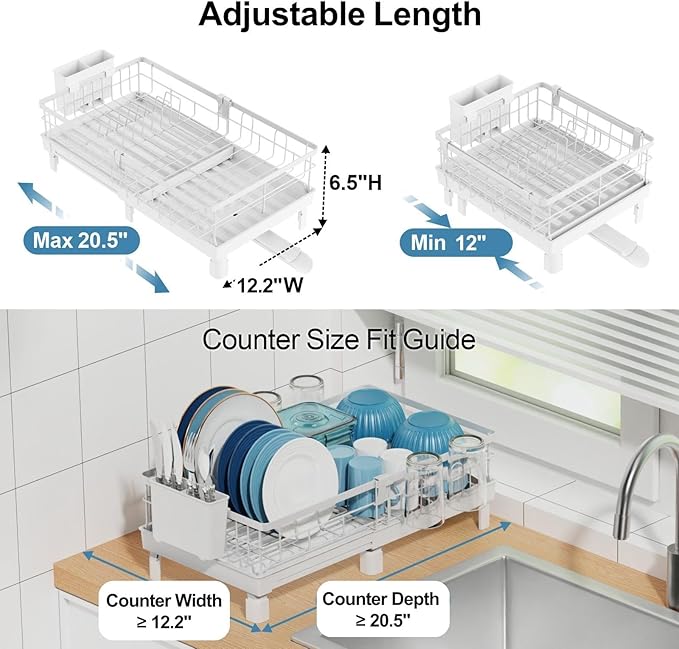 GSlife Expandable Dish Drying Rack with Drainboard, Compact Rustproof Dish Rack for Kitchen Counter, Ultra-Sturdy Space Saver with Cup Holder for Small Apartment,12.2" W x 12"-20.5" L, White