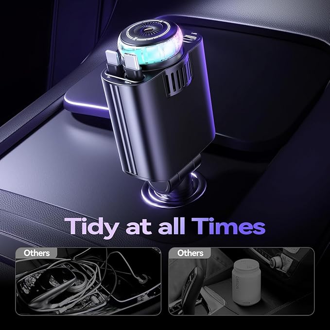 Retractable Car Charger with Starlight and Aromatherapy, 5 in 1 USB C Car Charger Adapter, 69W Fast Charging Cars Phone Chargers, Cars Air Freshener Compatible with iPhone 17 16 15 14 13 and Android