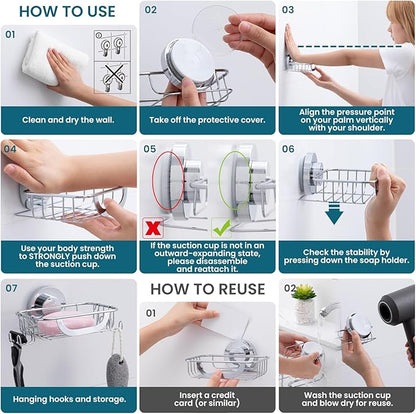 TAILI Soap Dish Holder with Hooks, Bar Soap Tray Saver Suction Cup with Razor Holder for Shower Wall, Rustproof Stainless Steel Bath Shampoo Caddy for Bathroom Accessories Organizer, Silver