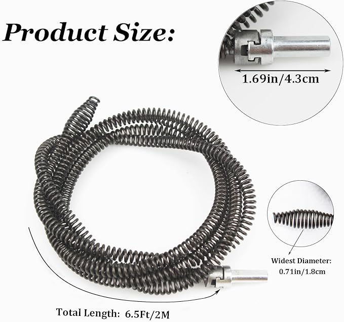 10mm Heavy-Duty Drain Auger Snake Cable with Drill Adapter - 6.5Ft/2M Flexible Plumbing Clog Remover for Kitchen, Bathroom, Toilet, Shower Sink & Pipe