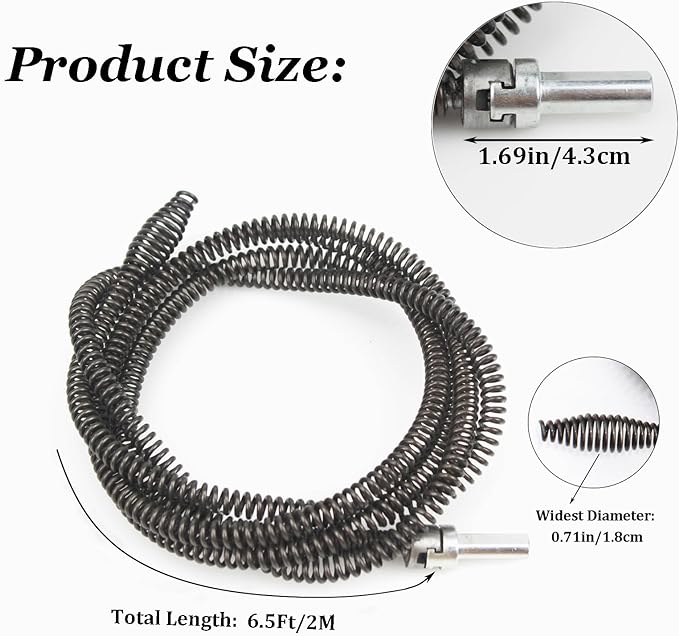 Amonk 6.5Ft/2M Drill Snake for Plumbing Drain Auger Cable with Drill Connector 10mm Flexible Plumbing Snake Clog Remover Drill Pipe Cleaner for Kitchen, Bathroom and Shower Sink