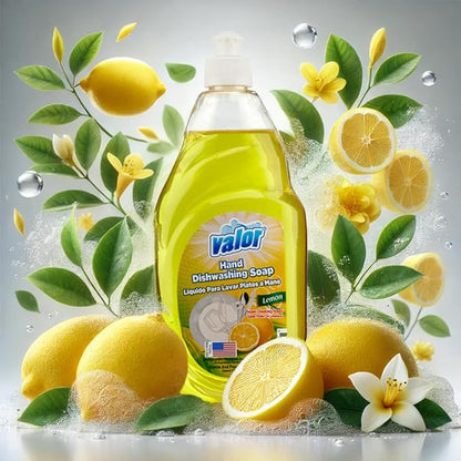 Valor Dishwashing Liquid, 25 fl oz – Dish Soap for Kitchen & Bathroom, Grease-Fighting, Gentle on Hands, Fast Rinse, Eco-Friendly Biodegradable Formula (25.5 oz (Pack of 3), Lemon)