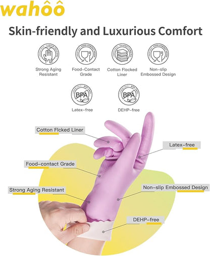 wahoo Skin-Friendly Cleaning Gloves, Reusable Dishwashing Gloves with Flocked Cotton Liner, Dishwashing, Kitchen,Mauve Mist, Medium