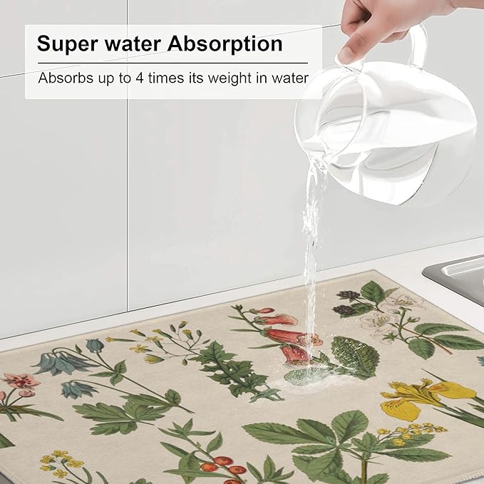 Plants Herbs Floral Dish Drying Mats for Kitchen Counter, Absorbent Reversible Microfiber Dish Drying Pad, Multi-Use Large Drying Mat Coffee Bar Accessories 18"x24"