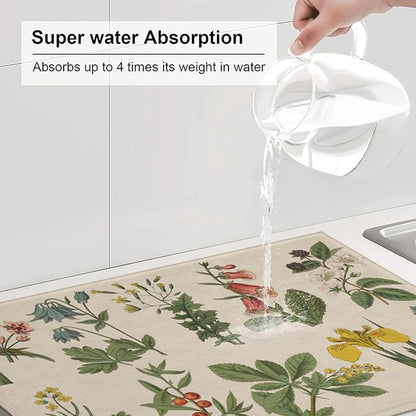 Plants Herbs Floral Dish Drying Mats for Kitchen Counter, Absorbent Reversible Microfiber Dish Drying Pad, Multi-Use Large Drying Mat Coffee Bar Accessories 18"x24"