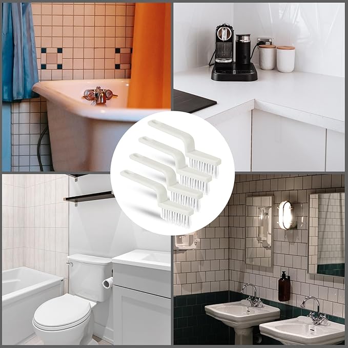 4pcs Grout Cleaner Brushes, V Shape Stiff Bristle Crevice Cleaning Brush Shower Scrub Tool for Tile Floors, Tracks, Door Slot, Bathroom, Kitchen, Windows (White)