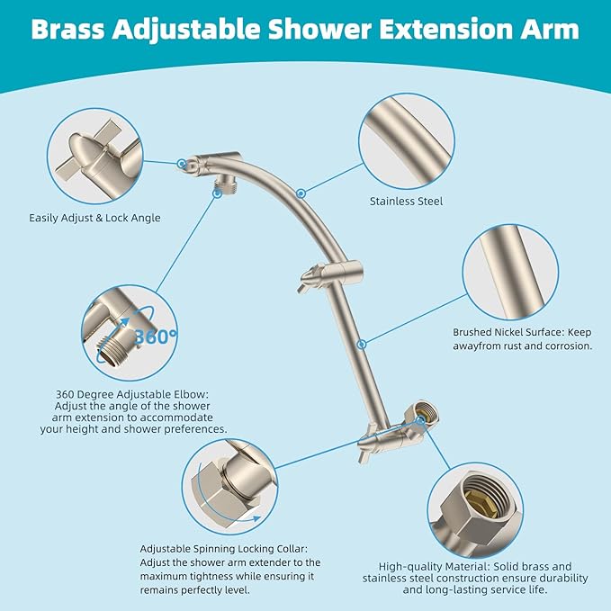 Hibbent Rain Filtered Shower Head, 13'' High Pressure Rainfall 5 Modes Showerhead with 16" Shower Head Extension Arm, Solid Brass Adjustable Shower Arm Extender, 20 Stage Shower Filter, Brushed Nickel