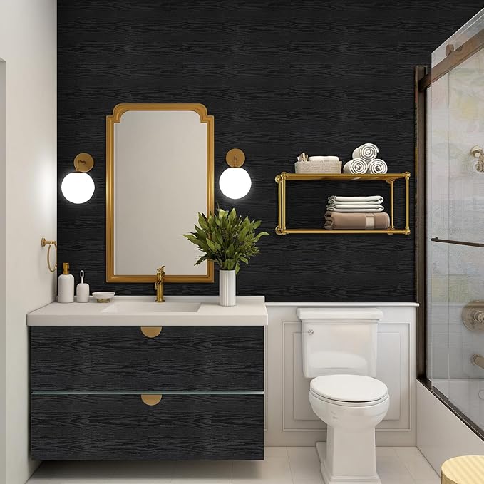 Peel and Stick Wallpaper Black Wood Wall Paper - 17.5 x 100 Inch Self Adhesive Wallpaper Peel and Stick, Easy to Paste Wall Contact Paper for Stand Liner, Table and Door Makeover Decor