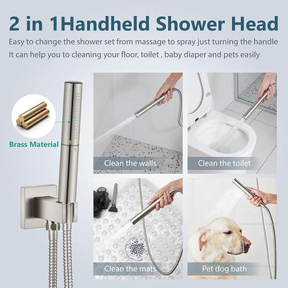 Aolemi Shower Faucet Set, High Pressure Shower System with 2-in-1 Handheld Sprayer, Wall Mount Fixture Combo with Rough-in Valve, 10 Inch Shower Head, Brushed Nickel