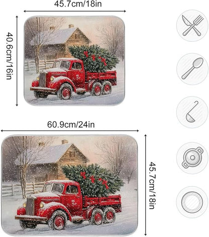 Red Christmas Truck Dish Drying Mat for Kitchen Counter Absorbent Microfiber Drying Pad, Medium 16x18 in, Reversible Drainer Mats