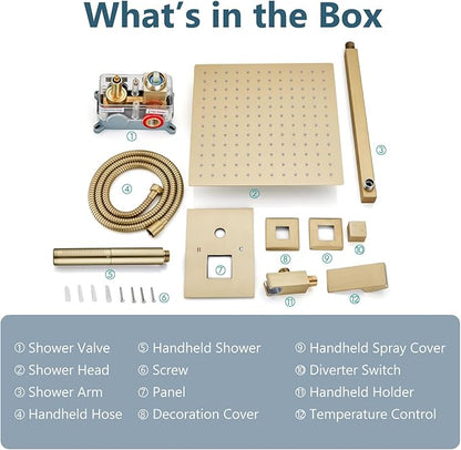 Aolemi Shower Faucet Set, High Pressure Shower System with 2-in-1 Handheld Sprayer, Wall Mount Fixture Combo with Rough-in Valve, 10 Inch Shower Head, Brushed Gold