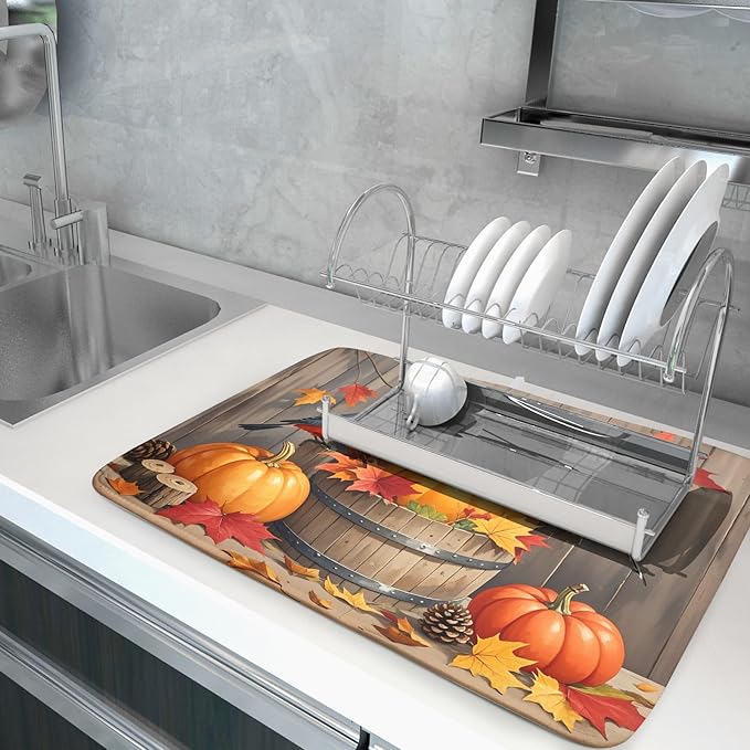Fall Thanksgiving Dish Drying Mat for Kitchen Counter 18x24 Pumpkin Birds Autumn Harvest Seasonal Theme Absorbent Reversible Microfiber Drying Mats Kitchen Countertop Protector Dishes Drainer Pad