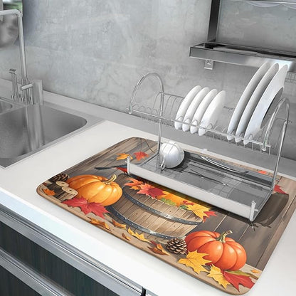 Fall Thanksgiving Dish Drying Mat for Kitchen Counter 18x24 Pumpkin Birds Autumn Harvest Seasonal Theme Absorbent Reversible Microfiber Drying Mats Kitchen Countertop Protector Dishes Drainer Pad