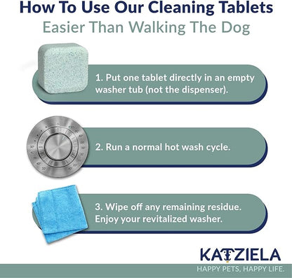 Katziela Washing Machine Cleaner Tablets – 6 Pack (3-Month Supply) – Loosens Pet Hair & Eliminates Odors – Fragrance-Free Enzyme Formula – Safe for All Washers – HE Compatible & Septic Safe