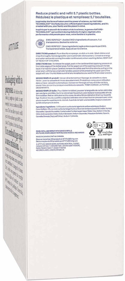 ATTITUDE Dish Soap Refill, EWG Verified, Plant-Based & Vegan Dishwashing Liquid, Naturally Derived, Unscented, Bulk Refill, 135.26 Fl Oz