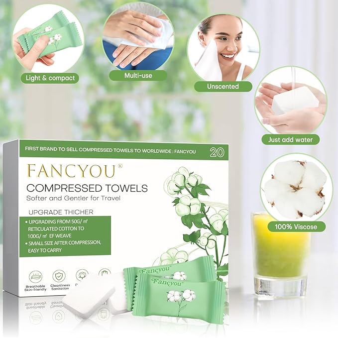 Compressed Towel Tablets Thicken, 20 Pack Disposable Face Towel, Individually Wrapped Reusable Washcloths, Compact Clean Towels Mini Portable for Travel Guests Baby Dog Camping Beauty(Green)