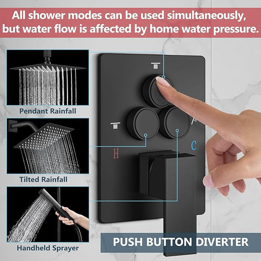 Aolemi Shower Faucet Set Ceiling Mount Shower System Rough-in Valve and Shower Trim Kit 2 in 1 Handheld Spray Push Button Diverter 10 and 6 Inch Dual Shower Head Matte Black