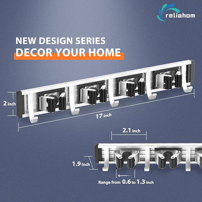 reliahom Broom Holder Wall Mount, 4 Racks with 5 Hooks Black - Mop Storage Tool Racks, Broom Hanger Tool Organizer for Garage, Kitchen, Garden, Laundry Room