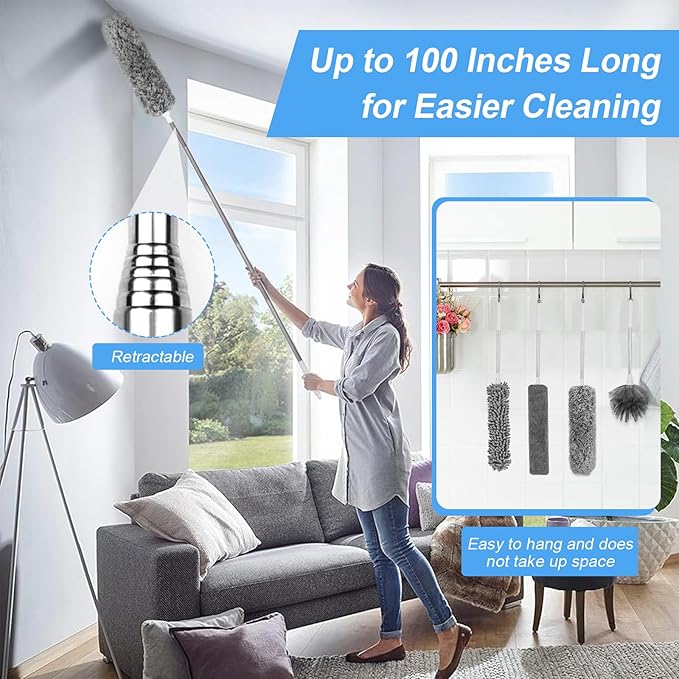 5-in-1 Kit Dusters for Cleaning, Duster with Extension Pole, Extendable Duster with 100 Inches, Microfiber Dusters, Webster Cobweb Duster for Cleaning Ceiling Fans, Furniture, Blinds - Blue