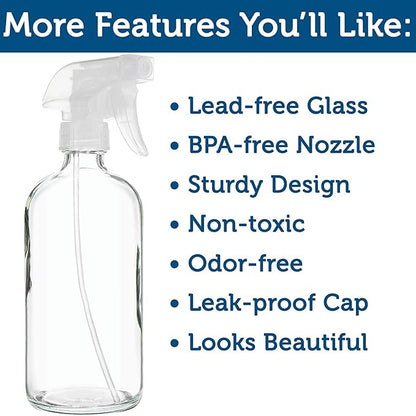 Sally's Organics® Empty Clear Glass Spray Bottles - Refillable 16 oz Containers for Essential Oils, Cleaning Products, Aromatherapy, Misting Plants, or Cooking - Sprayer with Mist and Stream - 2 Pack