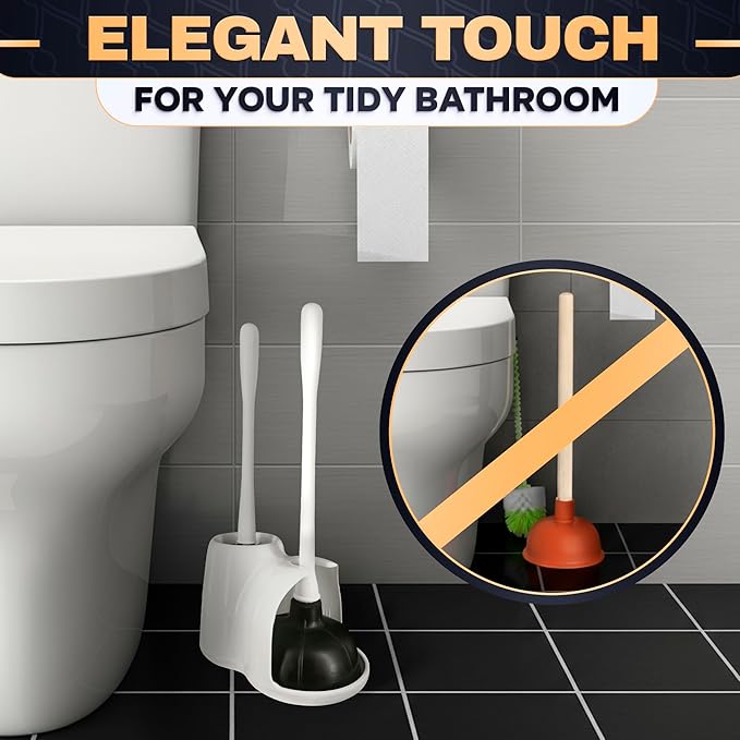 2 in 1 Toilet Plunger and Brush Set White - Toilet Brush and Plunger Set White with Stiff Bristles, Strong Vacuum Suction and Holder - Space-Saving Stand, Fits Most Standard Toilets, 9.3×6.3×15.2 inch
