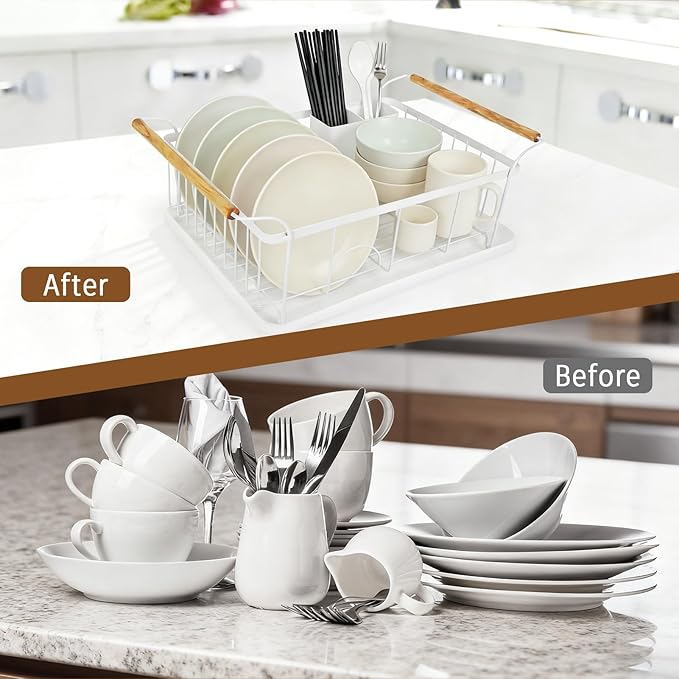 Dish Racks for Kitchen Counter, Thickened Metal Dish Drying Rack with Wooden Handles, Kitchen Countertop Organizer for Dishes, Spoons and Forks, No Assembly, White, 16.7''*12.6''*5.12''