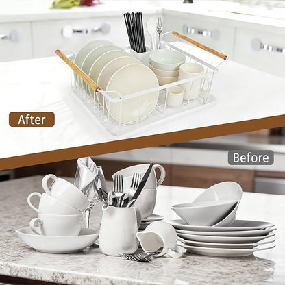 Dish Racks for Kitchen Counter, Thickened Metal Dish Drying Rack with Wooden Handles, Kitchen Countertop Organizer for Dishes, Spoons and Forks, No Assembly, White, 16.7''*12.6''*5.12''