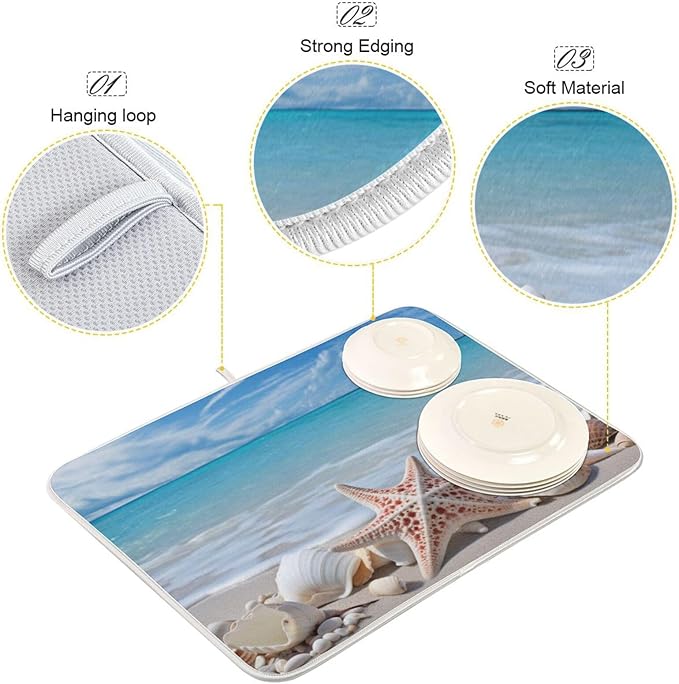 Starfishes Beach Seashells Dish Drying Mat for Kitchen Counter Absorbent Microfiber Drying Pad, Large 18x24 in