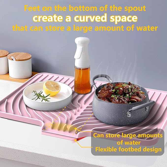 Silicone Drying Mat for Kitchen Counter , Dish Drying Rack Matt with Built in Drain, 18 Inch Dry Mats for Dishes Drying Pad for Kitchen Counter (18×12inch, pink)