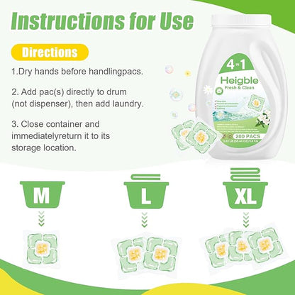 200 Count Laundry Detergent Pods Bulk 4 in 1 Laundry Detergent PACs with Camellia Wash Scent Booster Beads Stain Remover Odor Fighter Fragrance Enhancement Softening