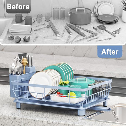 Dish Drying Rack - Space Saving Dish Rack - Dish Racks for Kitchen Counter with Drainboard,Rustproof Dish Drainer with Removable Utensil Holder,Blue