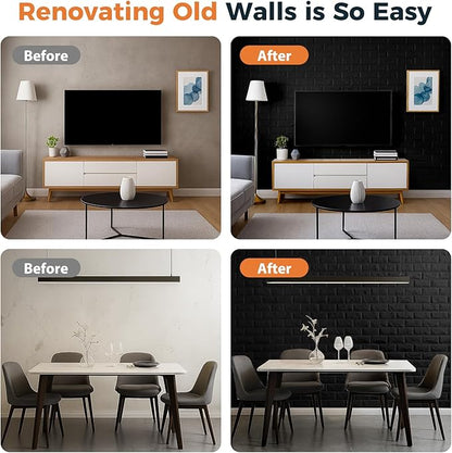 Circloophs 30 Pcs 3D Wall Panels Stick and Peel, Black Brick Printable 3D Wallpaper Stick and Peel Self Adhesive Waterproof Foam Faux Brick Paneling for Bedroom, Bathroom, Kitchen, Fireplace
