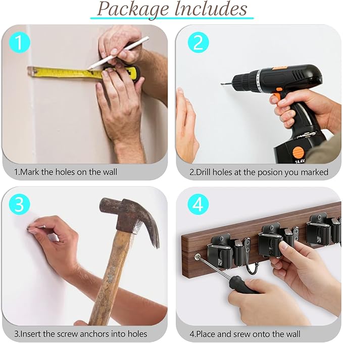Broom Holder Wall Mount, Rustic Wood Broom Hanger with 5 Racks and 4 Hooks, Laundry Room Organization and Storage, Mop Holder for Home Decor, Garden, Garage, Kitchen, Closet (Black walnut Wood)