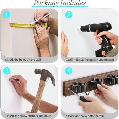 Broom Holder Wall Mount, Rustic Wood Broom Hanger with 5 Racks and 4 Hooks, Laundry Room Organization and Storage, Mop Holder for Home Decor, Garden, Garage, Kitchen, Closet (Black walnut Wood)