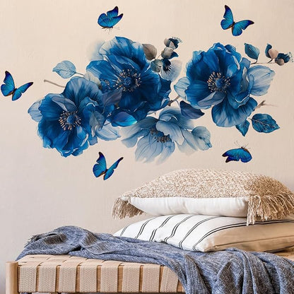 Runtoo Blue Flowers Wall Decals Butterfly Watercolor Floral Wall Stickers for Bedroom Living Room Bathroom Home Decor