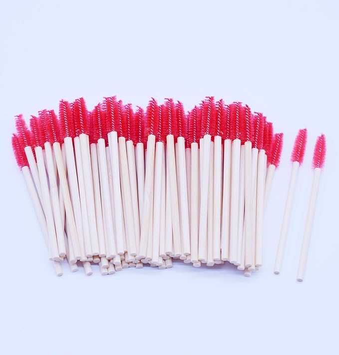 100 Pcs per Container Disposable Wood Mascara Wands, Bamboo Spoolies Brush for Eyelash Extensions, Spooly Eyebrow Brushes Lash Wand Applicator Stick (Red)