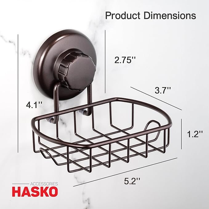 HASKO Suction Cup Soap Dish for Shower Wall, Rustproof Stainless Steel, Shower Soap Holder with Hooks, Includes Optional No Drill Adhesive Mount for Bathroom and Soap Saver, Bronze
