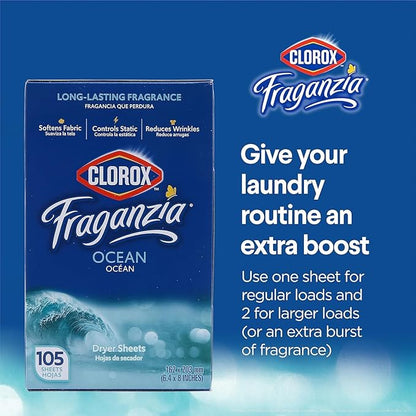 Clorox Fraganzia Fabric Softener Dryer Sheets, Wrinkle Reducing and Anti Static Laundry Dryer Sheets for Great Smelling Clothes, Softens Fabrics, Fresh Ocean Scent, 105 Count - 6 Pack