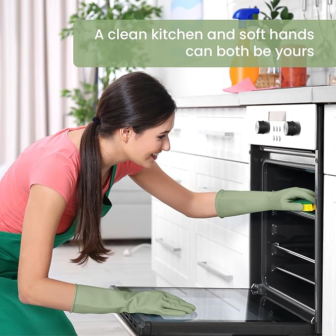 Rubber Cleaning Gloves for Dishwashing, 4 Pairs Reusable Kitchen Gloves for Washing Dishes and Household Cleaning, Green Dish Gloves with Flocked Lining and Non-Slip Grip, Pefect for Woman Men - S