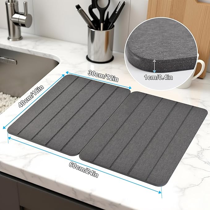 Stone Drying Mat for Kitchen Counter,2 Pack 16''x12'' Quick Dish Drying Stone Mat Kitchen,Double-sided Diatomaceous Earth Stone Drying Mat,No Moisture Residue, Stone Dish Drying Mat (Vertical Stripes)