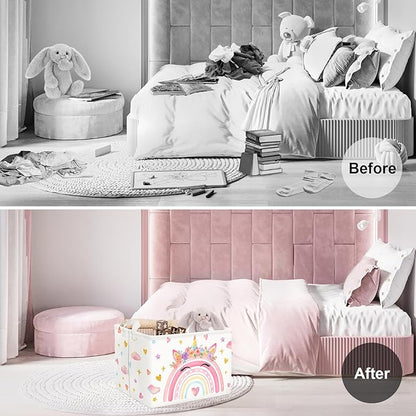 Clastyle Adorable Rainbow Laundry Basket Kids Clothes Book Storage Basket Gift Toy Box for Bedroom Decor,Unicorn,40x30x30 cm