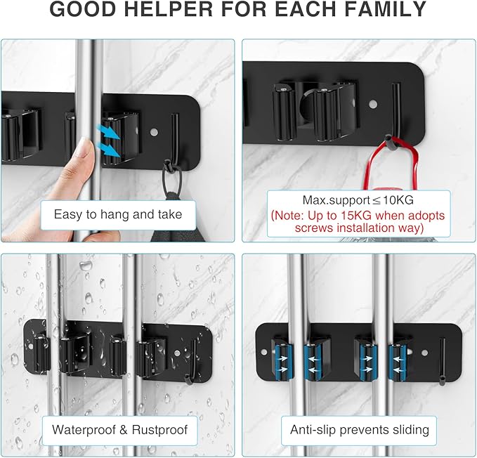 homeasy Wall Mount Mop and Broom Holder, Heavy Duty Stainless Steel Organizer Rack with Hooks | 4-Pack, 2-in-1 No Drill & Screw Installation, Black