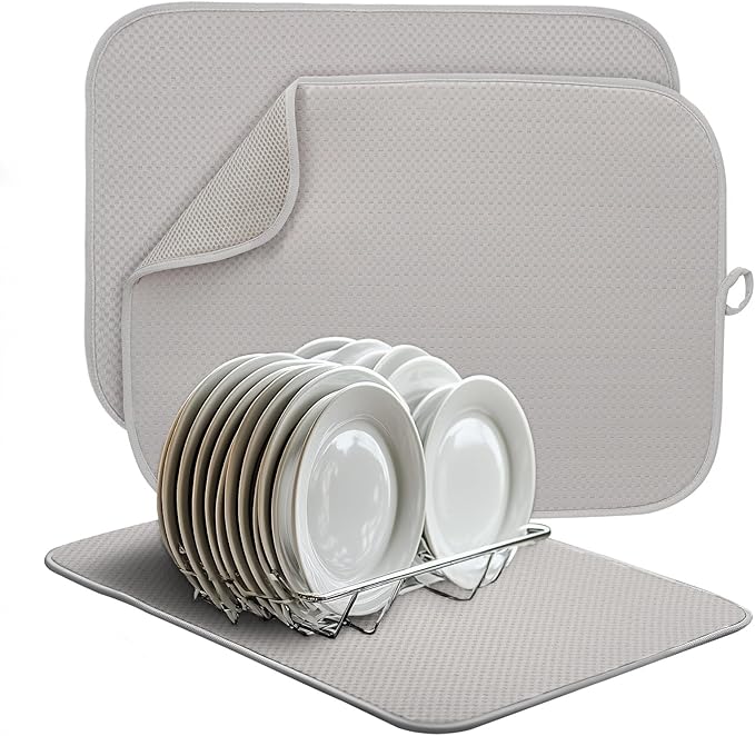 2-Pack Light Gray Dish Drying Mats 17” x 24” – XL Kitchen Drying Mat for Counter, Super Absorbent Microfiber Dish Drying Mat, Foldable Large Dish Drying Mat, Pots, Pans – Dish Drainer Mat