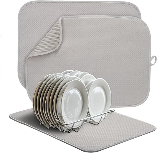 2-Pack Light Gray Dish Drying Mats 17” x 24” – XL Kitchen Drying Mat for Counter, Super Absorbent Microfiber Dish Drying Mat, Foldable Large Dish Drying Mat, Pots, Pans – Dish Drainer Mat