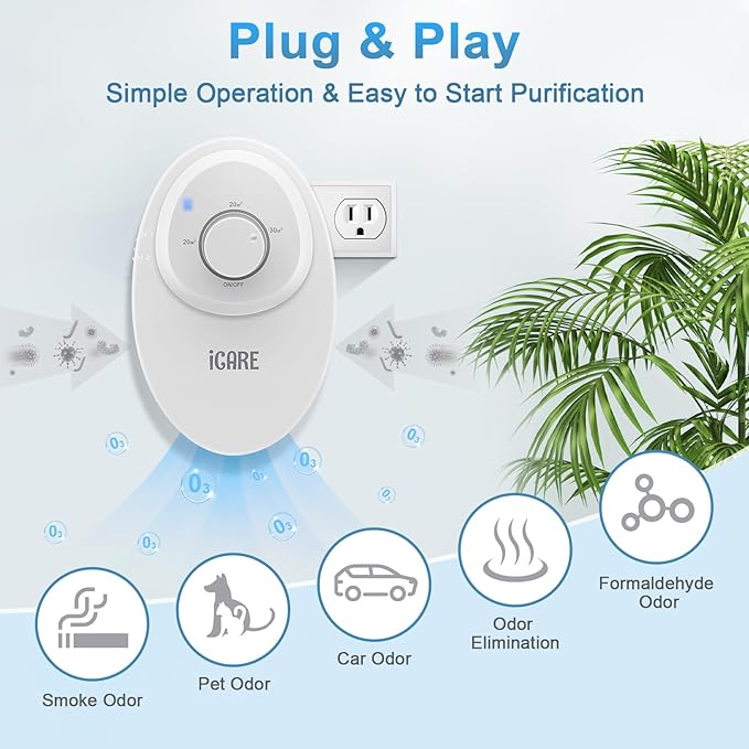 ICARE Ozone Odor Eliminator for Strong Odor 120mg/h Cat Litter Deodorizer Dog Poof Odor Removal Home Plug in Air Purifier for Toilet Kitchen Pets Shoe Smoke Car Formaldehyde Air Freshener