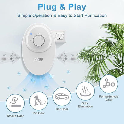 ICARE Ozone Odor Eliminator for Strong Odor 120mg/h Cat Litter Deodorizer Dog Poof Odor Removal Home Plug in Air Purifier for Toilet Kitchen Pets Shoe Smoke Car Formaldehyde Air Freshener